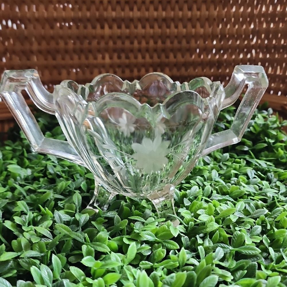 Vintage Footed Etched Floral Glass Handled Dish